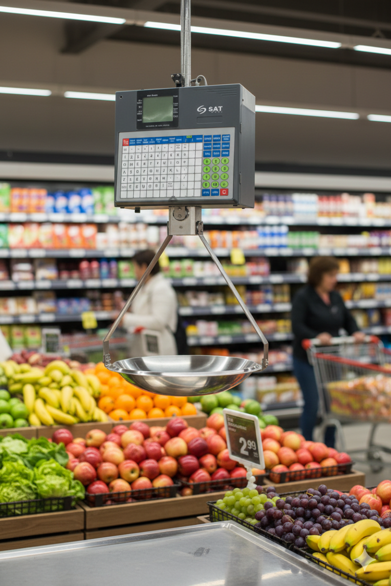 Balanza colgante SAT en supermercado imprimiendo etiquetas con código de barras